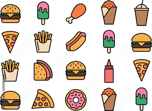Fast Food and Sweet Dessert Line Icon Collection Featuring Hamburger Pizza French Fries Hot Dog Donut Taco and Popsicle Vector Graphic Elements