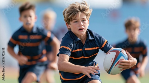 Young boy running with rugby ball during a match on the field.