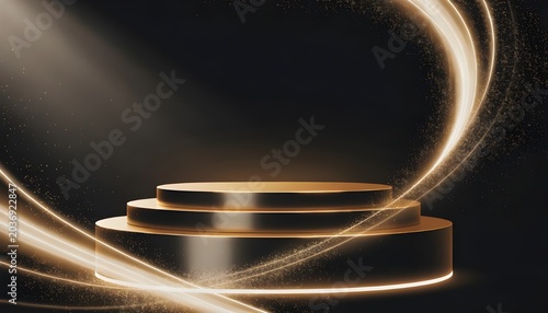 Luxury Golden Podium with Elegant Glow and Sparkles on Dark Background