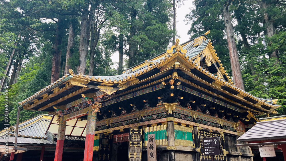 Obraz premium 美しい金箔の装飾と鮮やかな彫刻が施された日光東照宮の祈祷殿(社殿)、背景にそびえ立つ壮大な杉の木々、栃木県にある有名なユネスコ世界文化遺産・日本の観光名所。