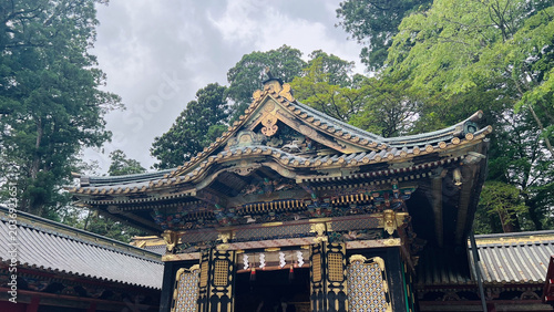 Photos 曇り空の下に佇む日光東照宮の美しい歴史的建造物と唐門、周囲を囲む豊かな杉の木々、栃木県にある有名なユネスコ世界文化遺産・日本の観光名所。