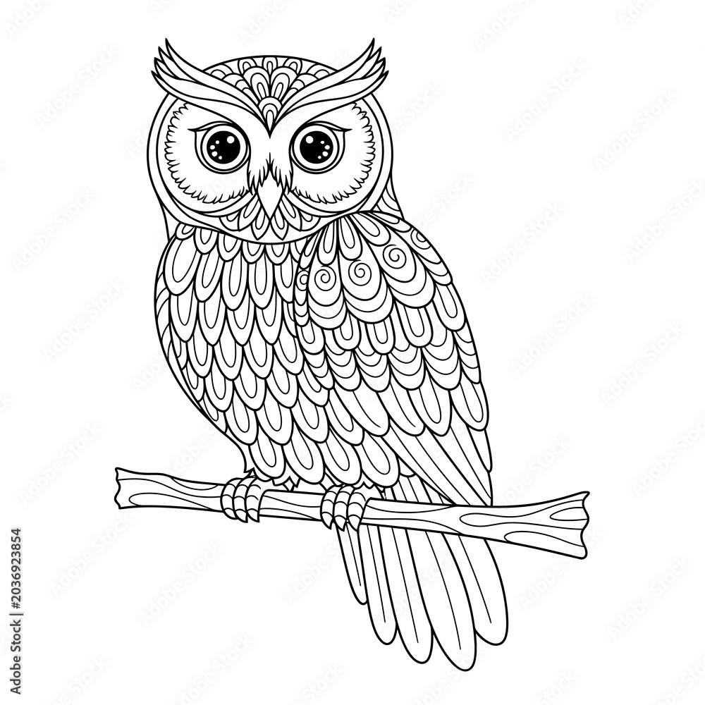 Fototapeta premium Intricate black and white line art illustration of a majestic owl perched on a tree branch.