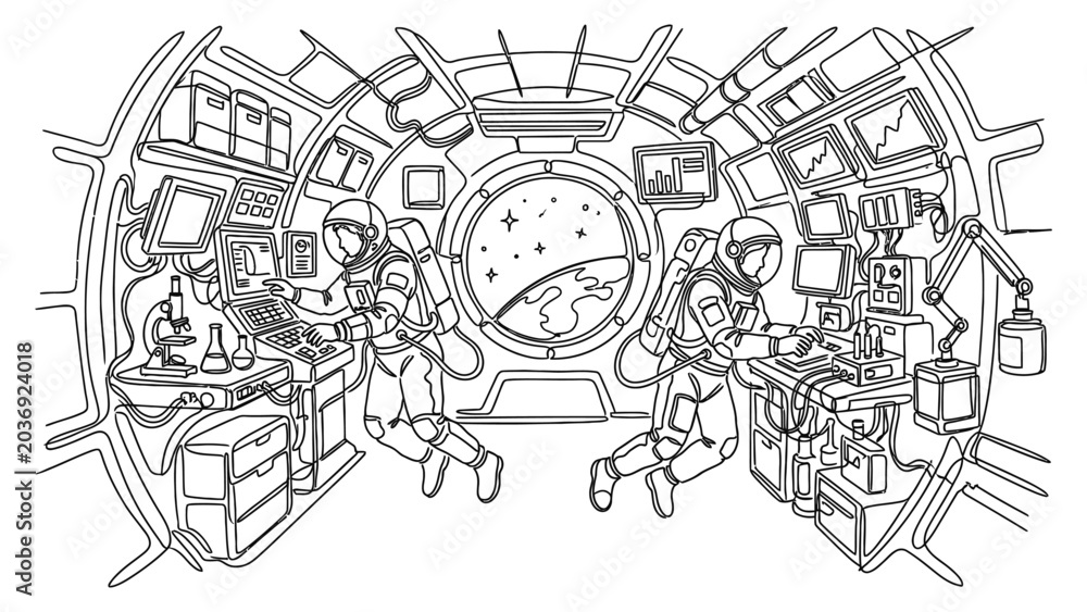 Obraz premium Astronauts working in spacecraft control room.
