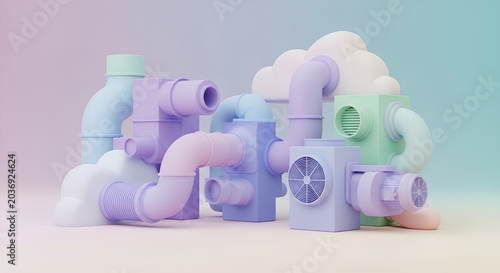 Abstract pastel pipes and clouds composition artistic 3D render.