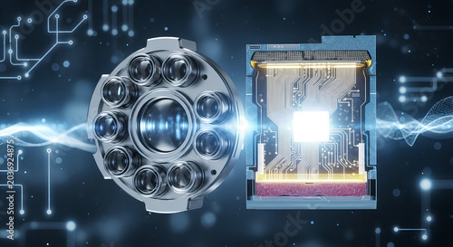 Advanced camera system with multiple lenses and internal components technology concept.