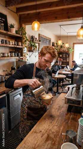 A male barista with red hair pours steamed milk into a cup to create latte art. The scene captures a warm and busy local cafe atmosphere. Ideal for hospitality and small business branding.