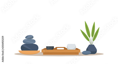 Photography This vector features zen basalt stones on a plate, a wooden tray with ceramic bowls, and a potted plant for a relaxing spa theme