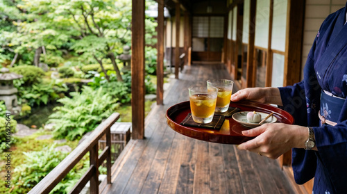 冷茶グラスを載せた漆盆を運ぶ日本らしいおもてなしの夏風景。
背景の緑庭園と木の廊下が上品な旅館空間を演出。
柔らかな自然光と広い余白で静かな高級感を表現。