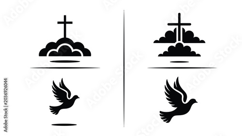 Photography Christian faith symbols with cross and dove on clouds