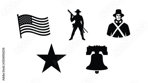 Fotografie American patriotic symbols bundle with flag star bell soldier and colonial man o