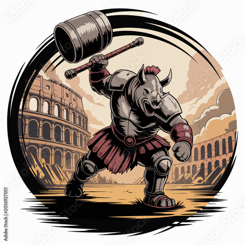 Schilderij op canvas Rhino wearing armor and holding mallet.