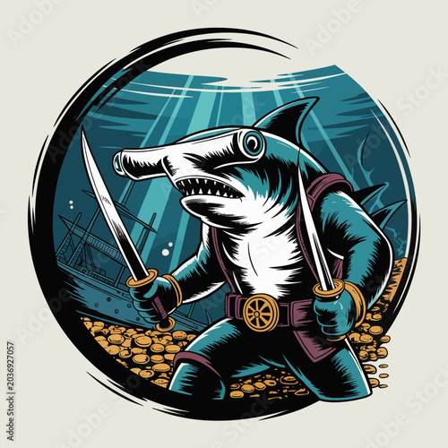 Tableau sur toile Pirate shark character with swords underwater.