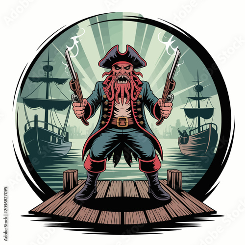 Tableau sur toile Pirate with guns on a dock.