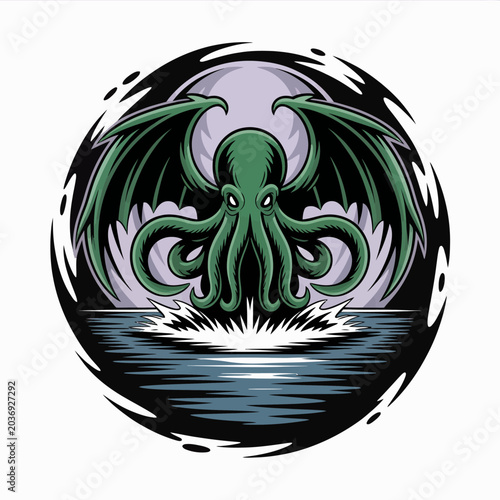 Slika na platnu Green octopus sea monster rising.