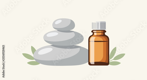 Canvas Print This vector graphic showcases a stack of grey spa stones next to a bottle of essential oil and soft green leaves on a light background