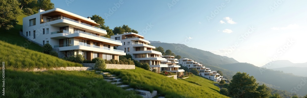 Fototapeta premium Modern white apartment complex cascading down green hillside under clear blue sky. Buildings feature balconies, large windows, contemporary design with natural wood accents, offering stunning