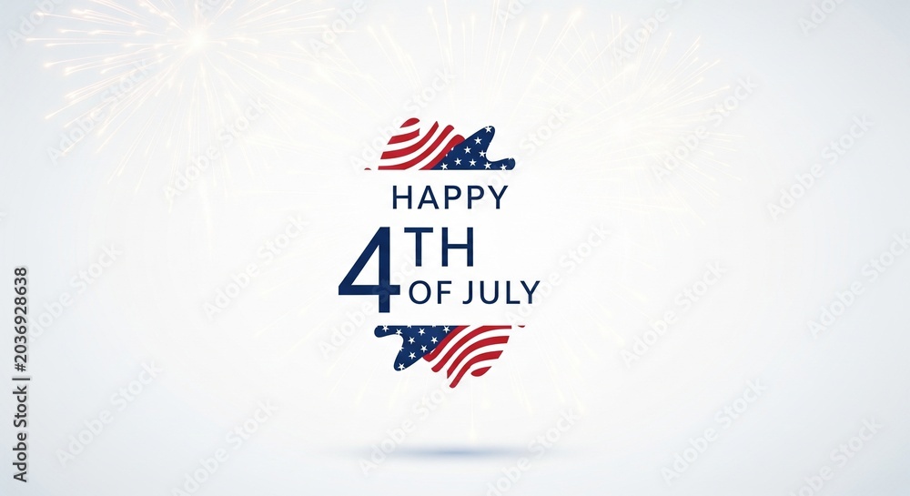 Obraz premium Happy 4th of July text graphic with American flag elements and subtle fireworks on a clean white background, celebrating Independence Day with patriotic symbols and festive celebration.