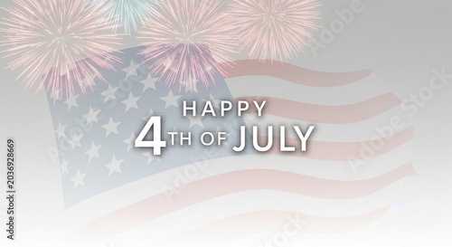 Happy 4th of July text overlay on a faded American flag with fireworks in the background, celebrating Independence Day with patriotic symbols and festive explosions in a soft, ethereal light.