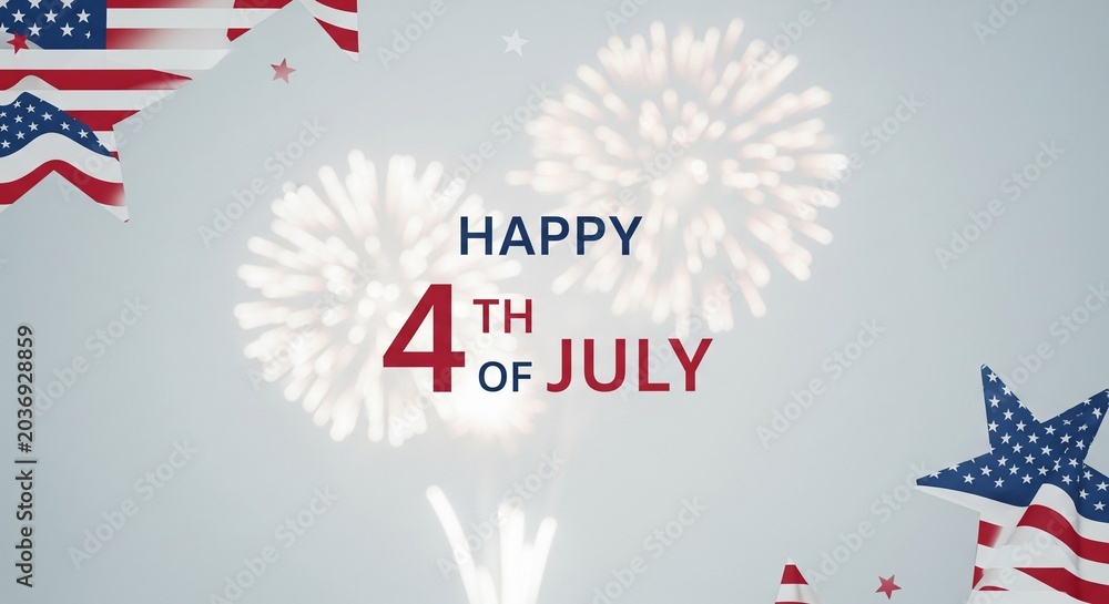 Obraz premium Happy 4th of July greeting with American flags and fireworks celebration on a light gray background with copy space for text and design elements.
