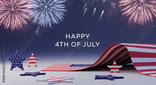 Happy 4th of July celebration with fireworks and American flag elements, including stars and stripes, on a clean background, festive holiday theme