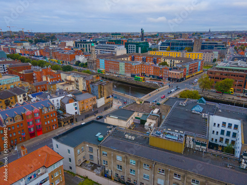 Canvas Print Dublin historic city centre aerial view on Usher's Quay and Merchant's Quay, with Father Mathew Bridge over River Liffey, old city of Dublin, Ireland