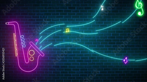 Neon lights colorful live music with musical notes and saxophone on brick wall background animation, Neon Music Bar Sign, Glowing musical notes and floating