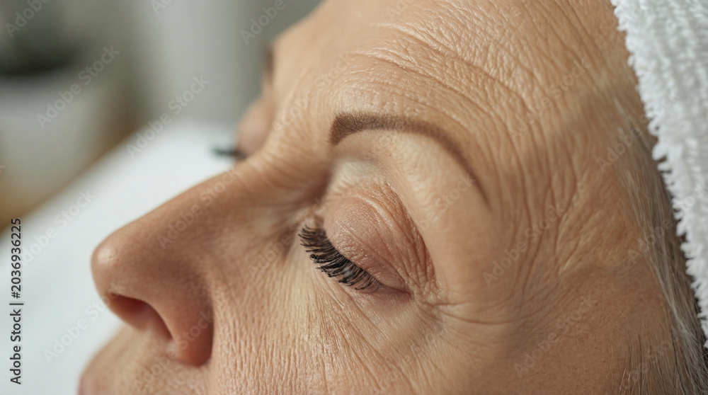 Naklejka premium Close-up of senior woman face with closed eyes and wrinkles