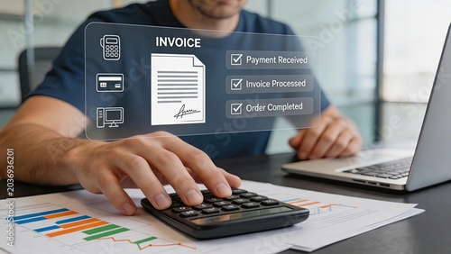 Professional calculating finances with calculator and laptop, featuring invoice processing and payment received status for business accounting.