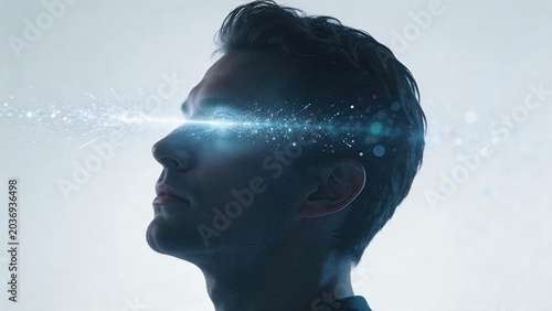 Futuristic man with glowing light beam in eyes, symbolizing vision, technology and human innovation, creative concept of digital transformation and future thinking.