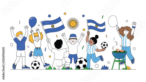 Foto Group of happy people celebrating Argentina soccer victory with flags and barbec