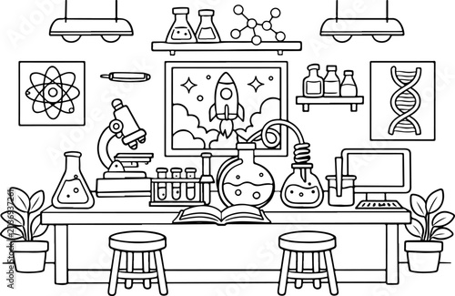 Science Laboratory cartoon outline hand drawn Line Art illustration doodle art coloring page for kid