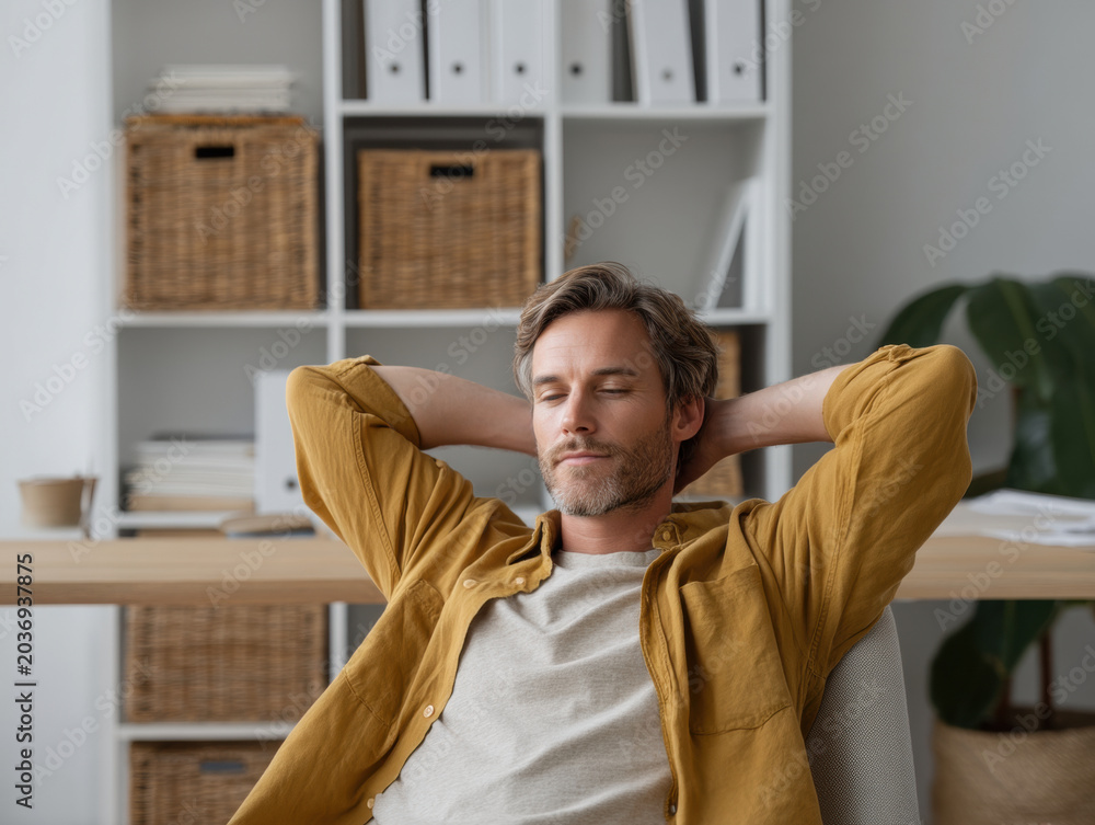 Fototapeta premium Mental health workplace stress relaxation man office break mindfulness wellbeing office desk mental health workplace break for stress relief calm