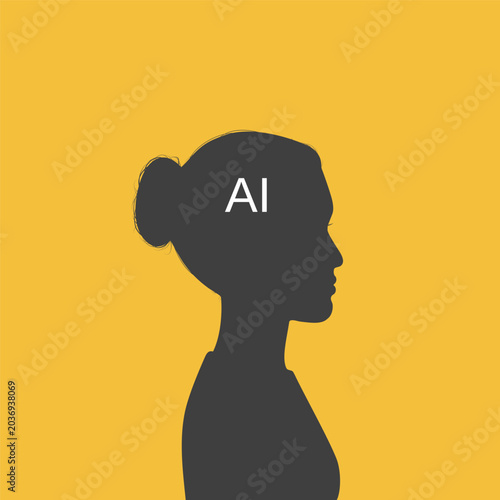 Silhouette profile of woman with abbreviation 'AI' in her head - metaphor of using AI instead of own thinking. Poster of actual society problem.