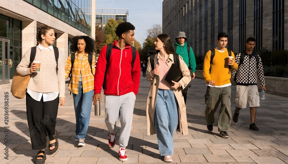 Fototapeta premium Diverse Group of College Students Walking Together on Campus.