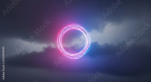 Abstract Glowing Neon Circle Floating Above Dark Moody Storm Clouds.