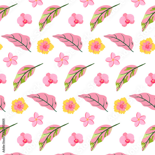 Tropical Floral Seamless Pattern with Exotic Flowers and Leaves, Pink Botanical Jungle Design on White Background