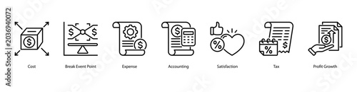 Fotografía Financial Planning web banner icon vector illustration featuring Cost, Break Even Point, Expense, Accounting, Satisfaction, Tax, and Profit Growth