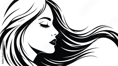 Portrait of Beautiful Woman with Long Wavy Hair, Minimalist Vector Illustration for Hair Salon