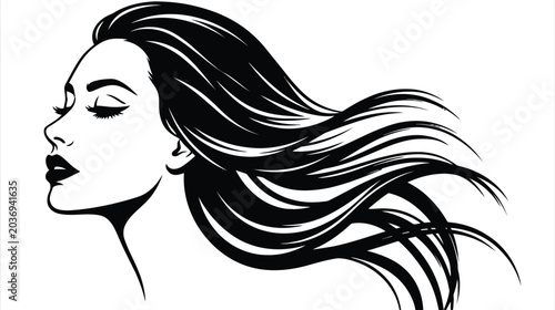 Tableau sur toile Minimalist Black and White Vector Illustration of a Woman with Long Flowing Hair