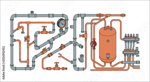 Bild auf Leinwand Plumbing System Illustration With Pipes Valves And A Tank On White Background