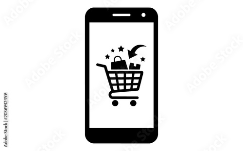 Mobile phone with shopping cart and star icons on screen symbolizing online shopping and digital commerce