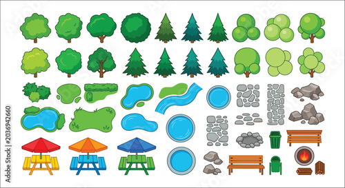 Photos Collection Of Forest Elements And Park Furniture Vector Illustration arboreal