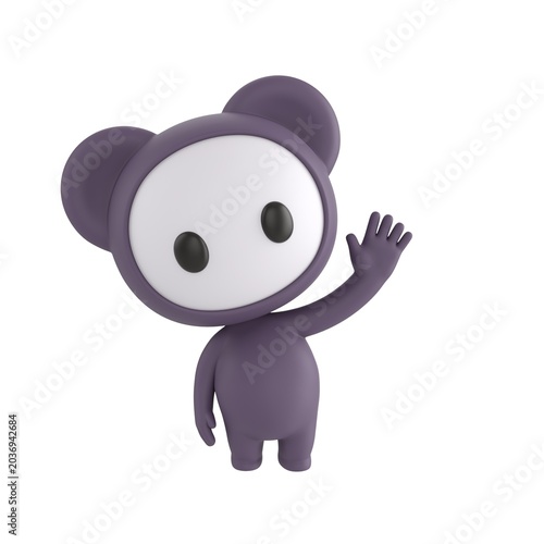 Cute 3D render Black Little Monster character standing and waving hello, friendly and welcoming mascot style, isolated on white background.