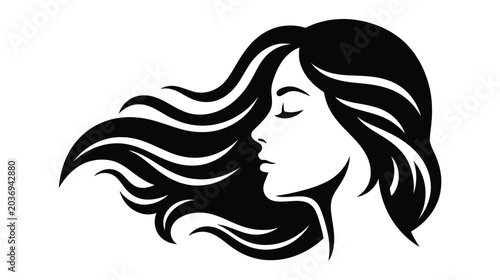 Beautiful Woman Profile with Long Flowing Wavy Hair Silhouette Vector Illustration for Beauty Salon