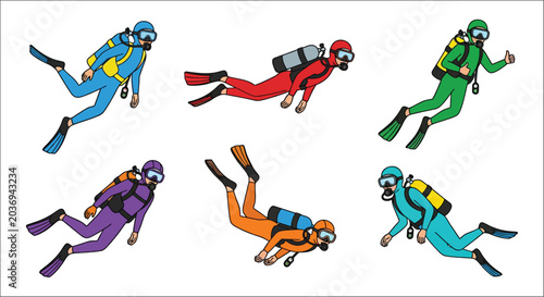 Foto Divers In Wetsuits Colorful Vector Illustration On White Background diver