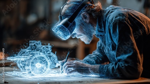 Engineer using virtual reality headset to design an intricate machine in a futuristic workshop