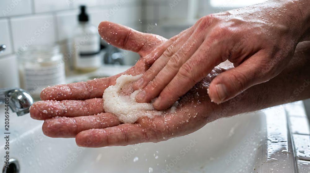 Fototapeta premium Hands applying exfoliating scrub in bathroom