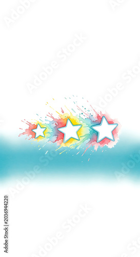Three white stars with colorful watercolor paint splatters