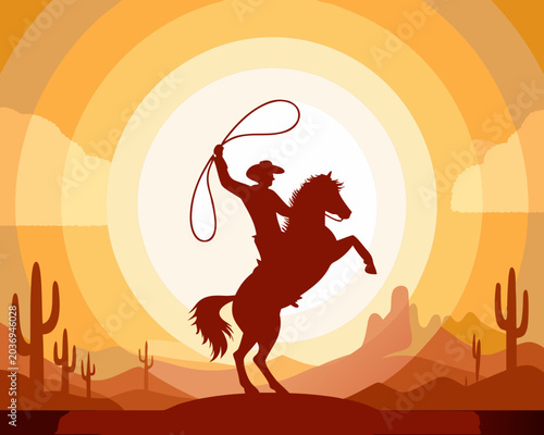 Obraz na płótnie Cowboy On Rearing Horse Silhouette Against Desert Landscape
