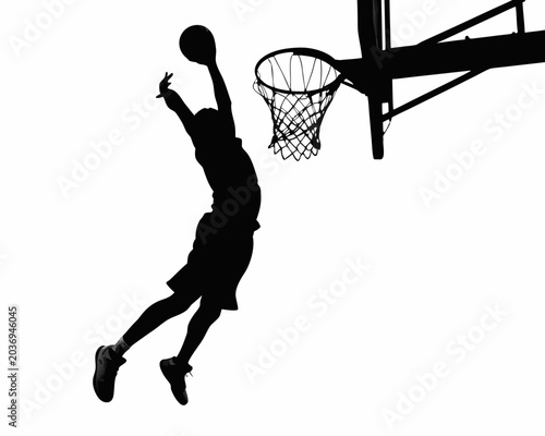 Fotografie Basketball player silhouette dunking towards the hoop on a white background